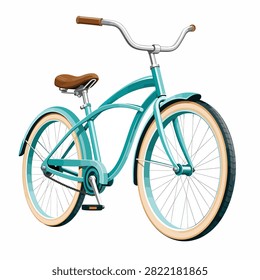 Vintage style turquoise bicycle featuring brown leather seat and handlebar grips