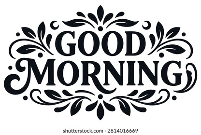 A vintage style typographic design featuring the words good morning surrounded by ornate floral flourishes and decorative swirls, presented on a transparent background.