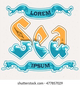 Vintage style typography label, monograms wave, sea, Vector illustration in flat, cartoon style isolated from the background, EPS 10