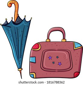 Vintage style. Umbrella and suitcase for travel. Vector illustration for children.