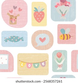 Vintage Style Valentine Vector Pattern with Crayon Colorful Background for Valentine's Day

