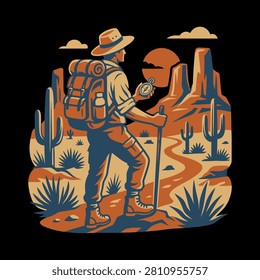 Vintage style vector art depicting an adventurer with a backpack and compass navigating through a canyon desert environment