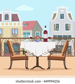 Vintage style vector balcony with table and chairs. Colorful graphic flat concept of terrace and city background. 