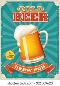 Vintage style vector Cold Beer poster. High detailed vector beer mug illustration.