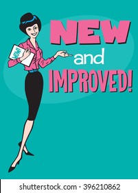 Vintage style vector design with cartoon woman and the phrase New and Improved.