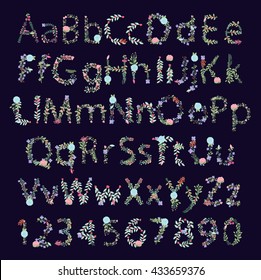 Vintage Style Vector Floral Alphabet with Uppercase and Lowercase Letters, and Numbers