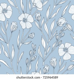 Vintage style vector floral seamless pattern with hand drawn flax flowers