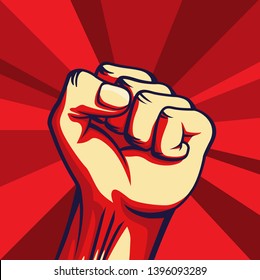 Vintage style vector Freedom poster. Raised fist of the striking man, worker etc. 