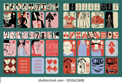 vintage style vector Hand drawn set of playing cards. full deck with numbers, King, queen, jack, jokers and several background for casinos and playing houses 