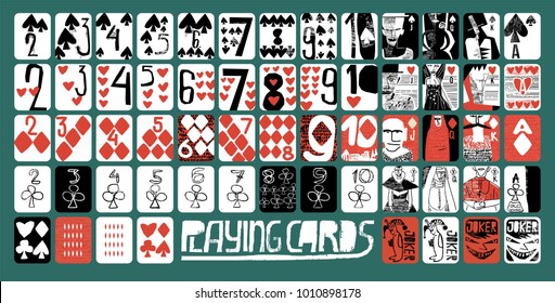 vintage style vector Hand drawn set of playing cards. full deck with numbers, King, queen, jack, jokers and several background for casinos and playing houses 