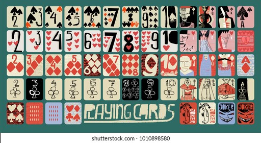 vintage style vector Hand drawn set of playing cards. full deck with numbers, King, queen, jack, jokers and several background for casinos and playing houses 