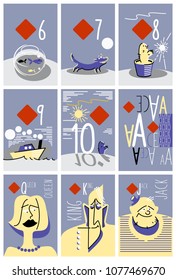 vintage style vector Hand drawn cartoon comic set of playing cards. diamonds of numbers, King, queen, jack, ace. background for casinos and playing houses.