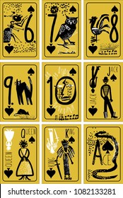 vintage style vector Hand drawn cartoon Art set of playing cards. spades of numbers, King, queen, jack. background for casinos and playing houses 