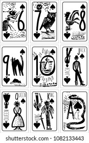 vintage style vector Hand drawn cartoon Art set of playing cards. spades of numbers, King, queen, jack. background for casinos and playing houses 