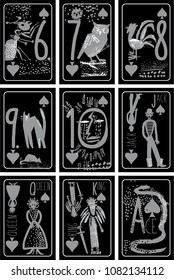 vintage style vector Hand drawn cartoon Art set of playing cards. spades of numbers, King, queen, jack. background for casinos and playing houses 