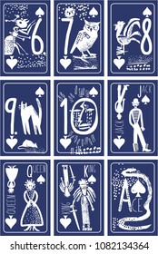 vintage style vector Hand drawn cartoon Art set of playing cards. spades of numbers, King, queen, jack. background for casinos and playing houses 