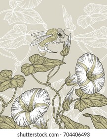 Vintage style vector hand drawn floral illustration of blooming plants and a bee.
