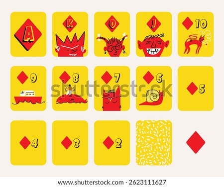 vintage style vector Hand drawn cartoon comic set of playing cards. diamonds of numbers, King, queen, jack, ace, whale, cat, ship, Snail background for casinos and playing houses.