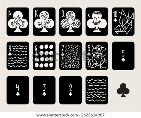 vintage style vector Hand drawn cartoon comic set of playing cards. clubs of numbers, King, queen, jack, ace, Stylized Vector line art style playing card with abstract art compozition on black 
