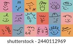Vintage style vector illustration of abstract faces with different expressions on different colors