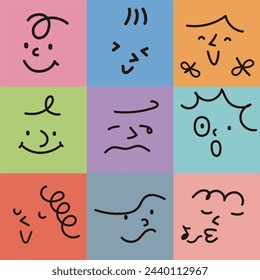 Vintage style vector illustration of abstract faces with different expressions on different colors