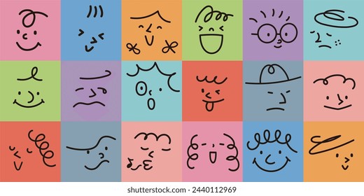 Vintage style vector illustration of abstract faces with different expressions on different colors