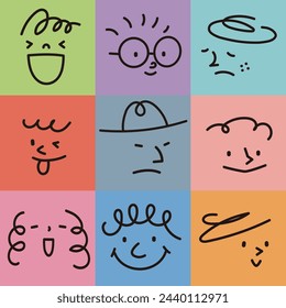 Vintage style vector illustration of abstract faces with different expressions on different colors