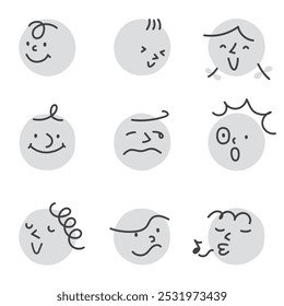 Vintage style vector illustration of abstract faces with different expressions on monochrome circles