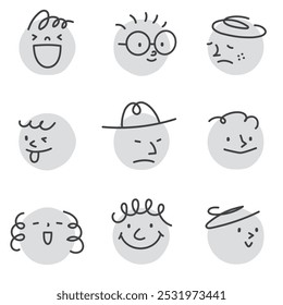 Vintage style vector illustration of abstract faces with different expressions on monochrome circles