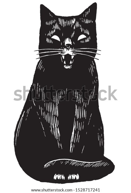 ビンテージスタイルのベクターイラスト 怒った黒猫 手描きのグラフィック画像 ペットの動物のデジタルスケッチ 野生の絵 ポスター 印刷 はがき Tシャツなどのデザインエレメント のベクター画像素材 ロイヤリティフリー