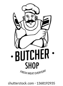 Vintage style vector illustration butcher shop logo and emblem for design