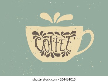 Vintage style vector illustration of cup of coffee in brown, blue and off-white.