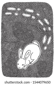 Vintage style vector illustration. A cute rabbit walks snow leaving footprints. Hand drawn graphic picture. Outline sketches of wild life animals. Design for poster, print, postcard, t-shirt etc.