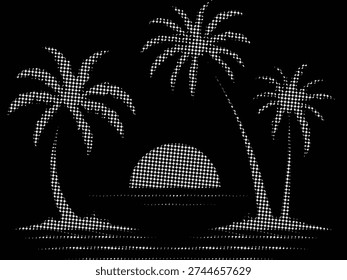A vintage style vector illustration depicts three palm trees silhouetted against a setting sun over the ocean. This graphic is perfect for tropical themes, vacation designs, and retro-inspired artwork.