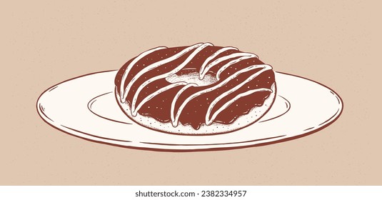 Vintage style vector illustration of Donut on plate. Monochrome drawing with fill isolated on old paper background.