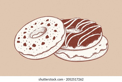 Vintage style vector illustration of Donuts. Monochrome drawing with fill isolated on old paper background.