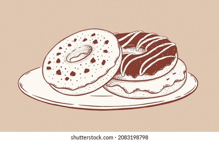 Ilustración vectorial de estilo vintage de Donuts en placa. Dibujo monocromo con relleno aislado en el fondo de papel antiguo.