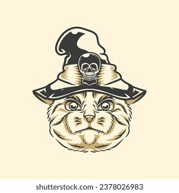A vintage style vector illustration featuring a cat wearing a witch's hat