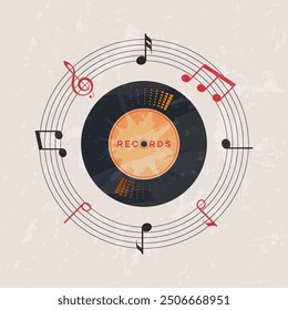 vintage style vector illustration featuring a music vinyl record and rhythmically looping notes featuring a retro vintage style vinyl instrument. music festival design concept