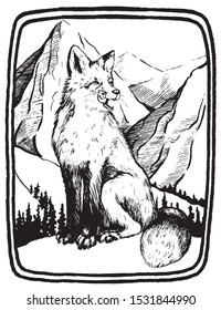 Vintage style vector illustration. The fox sits on a background of mountains. Hand drawn graphic picture. Sketches of wild life animals. Design for poster, print, postcard, t-shirt etc.