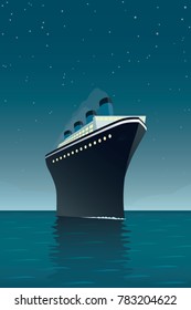 Vintage style vector illustration of giant cruise ship on the ocean at night