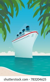 Vintage style vector illustration of giant cruise ship near tropical island