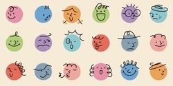 Vintage Style Vector Illustration Of Hand-drawn Abstract Faces Of Different Colors And Expressions In Circles