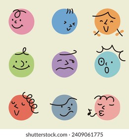 Vintage style vector illustration of hand-drawn abstract faces of different colors and expressions in circles