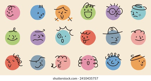 Ilustración vectorial de estilo vintage de caras abstractas dibujadas a mano de diferentes colores y expresiones en círculos