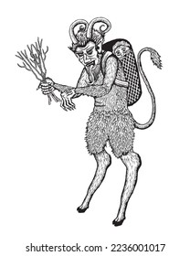 Vintage style vector illustration of Krampus carrying a child in a basket