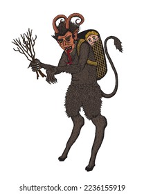 Vintage style vector illustration of Krampus carrying a child in a basket