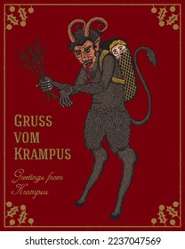 Vintage style vector illustration of Krampus carrying a child in a basket