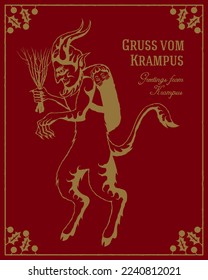 Vintage style vector illustration of Krampus carrying a child in a basket