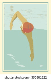 Vintage style vector illustration of a male swimming freestyle